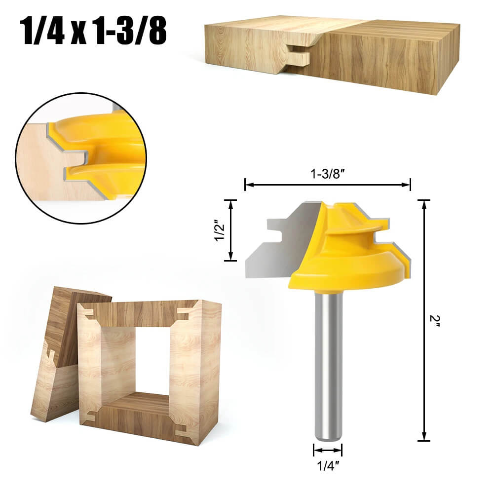 6mm/6.35mm/8mm CNXING Carbide Alloy Shank 45 Degree Lock Miter Router Bit for Woodworking in 6.35X34.9mm - Mounteen