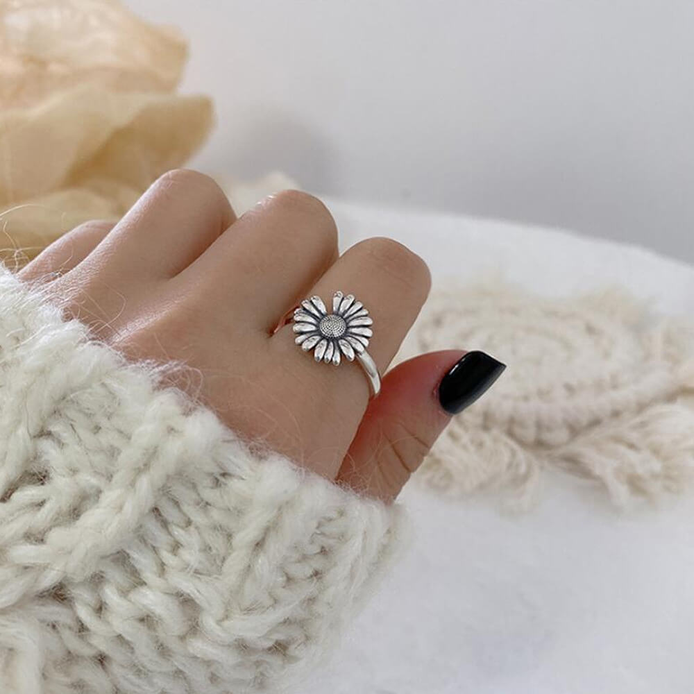 Antique Style Adjustable Silver Sunflower Ring. Shop Jewelry on Mounteen. Worldwide shipping available.