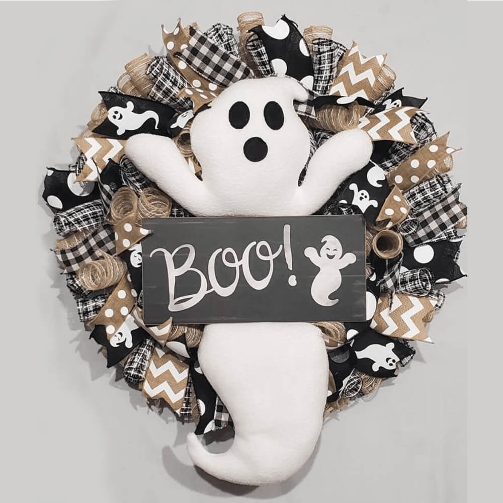 Boo Ghost Halloween Wreath. Shop Wreaths & Garlands on Mounteen. Worldwide shipping available.