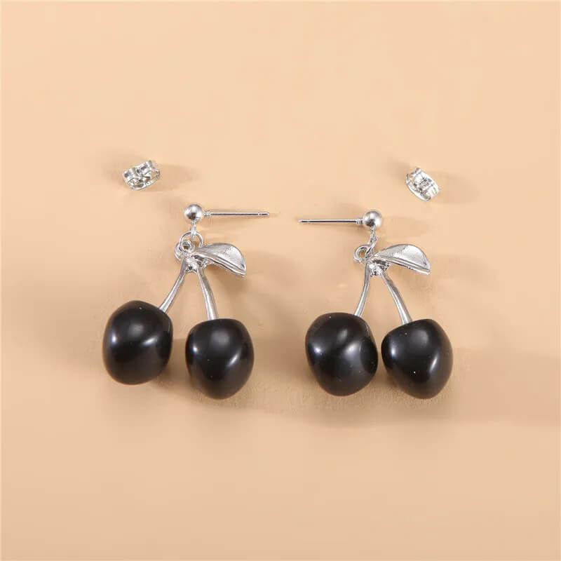 Double Cherry Drop Dangle Earrings in Black Cherry - Mounteen