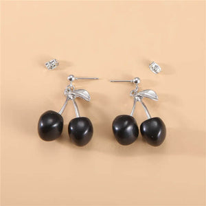 Double Cherry Drop Dangle Earrings in Black Cherry - Mounteen