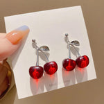 Double Cherry Drop Dangle Earrings in Red Ruby Cherry - Mounteen
