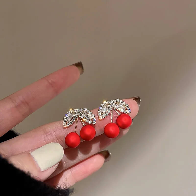 Double Cherry Rhinestone Earrings in Red Cherry - Mounteen