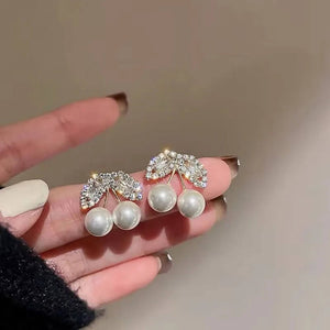 Double Cherry Rhinestone Earrings in White Cherry - Mounteen