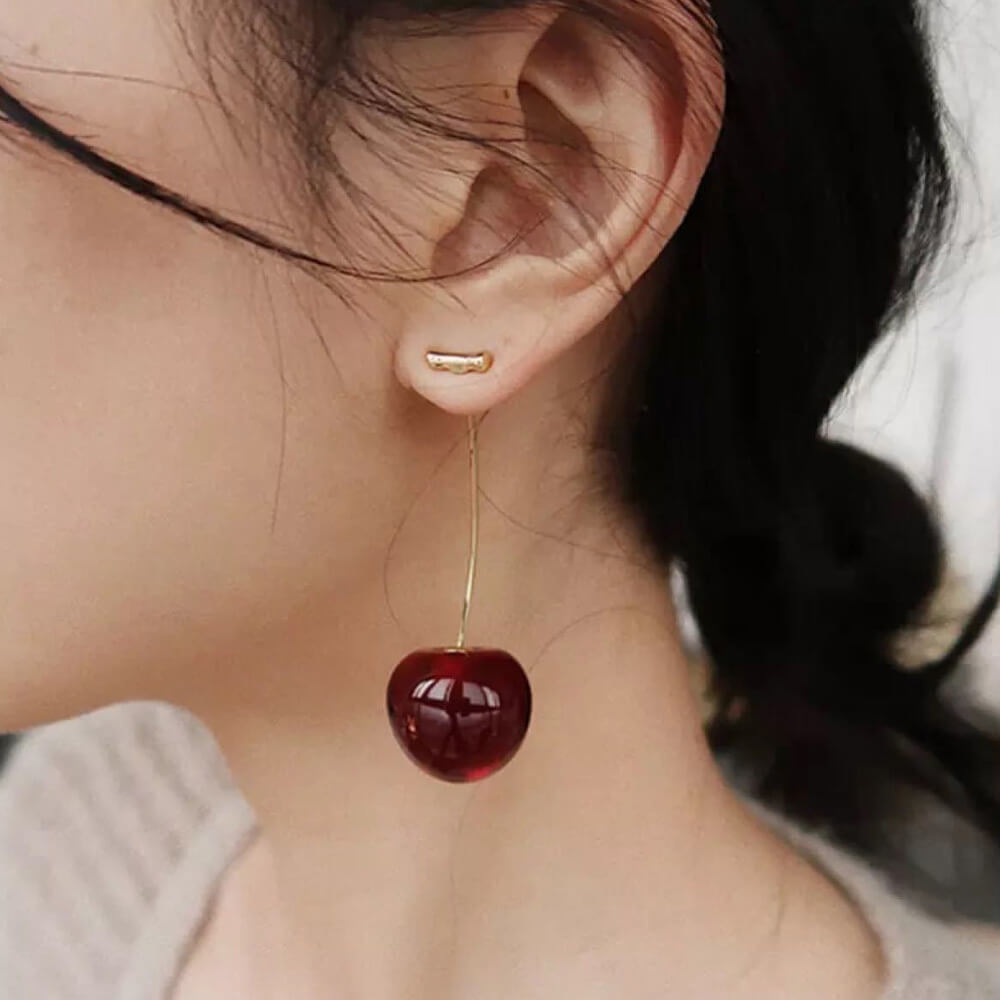 Drop Cherry Earrings With Gold Stems. Shop Earrings on Mounteen. Worldwide shipping available.