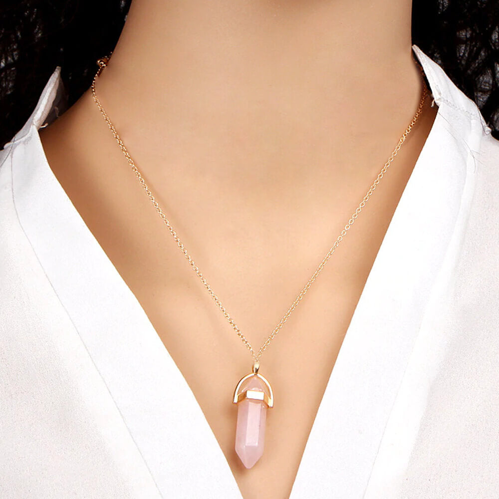 Healing Pink Rose Quartz Pendant Necklace. Shop Jewelry on Mounteen. Worldwide shipping available.