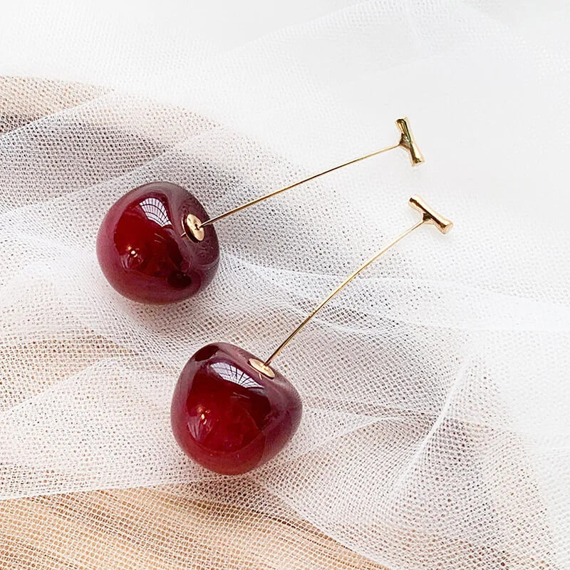 Single Cherry Drop Dangle Earrings in Red Ruby Cherry - Mounteen